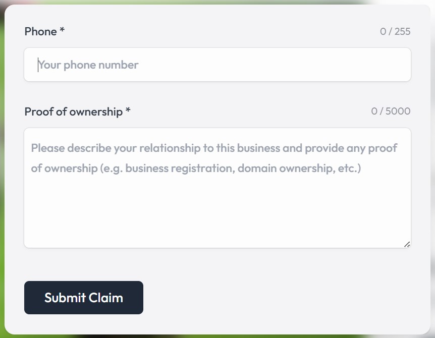 Screenshot showing the claim form modal on a listing page