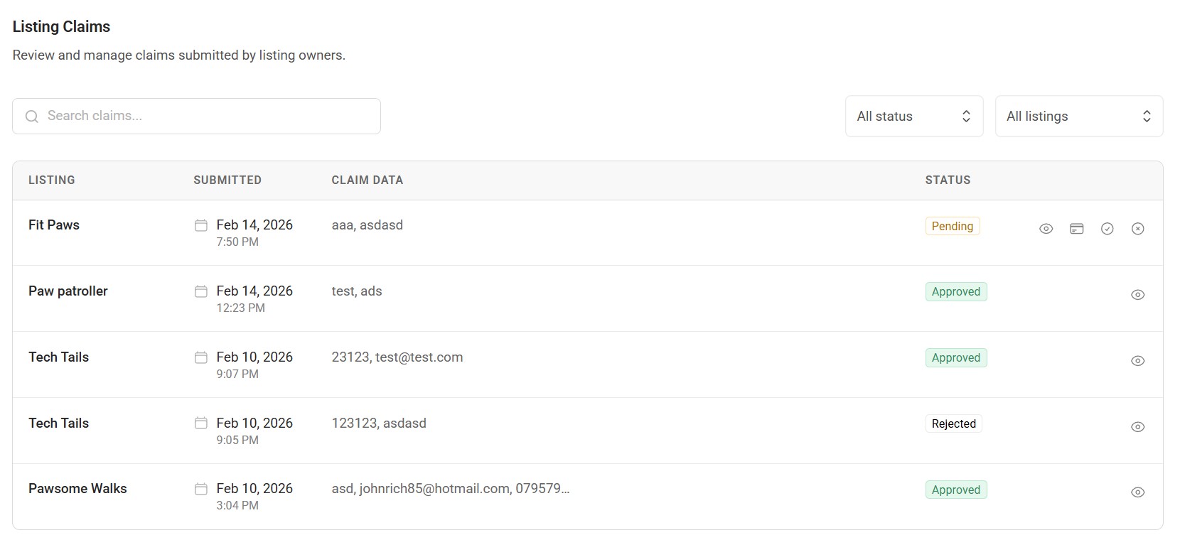 Screenshot showing the claims management table with listing, status, and action columns