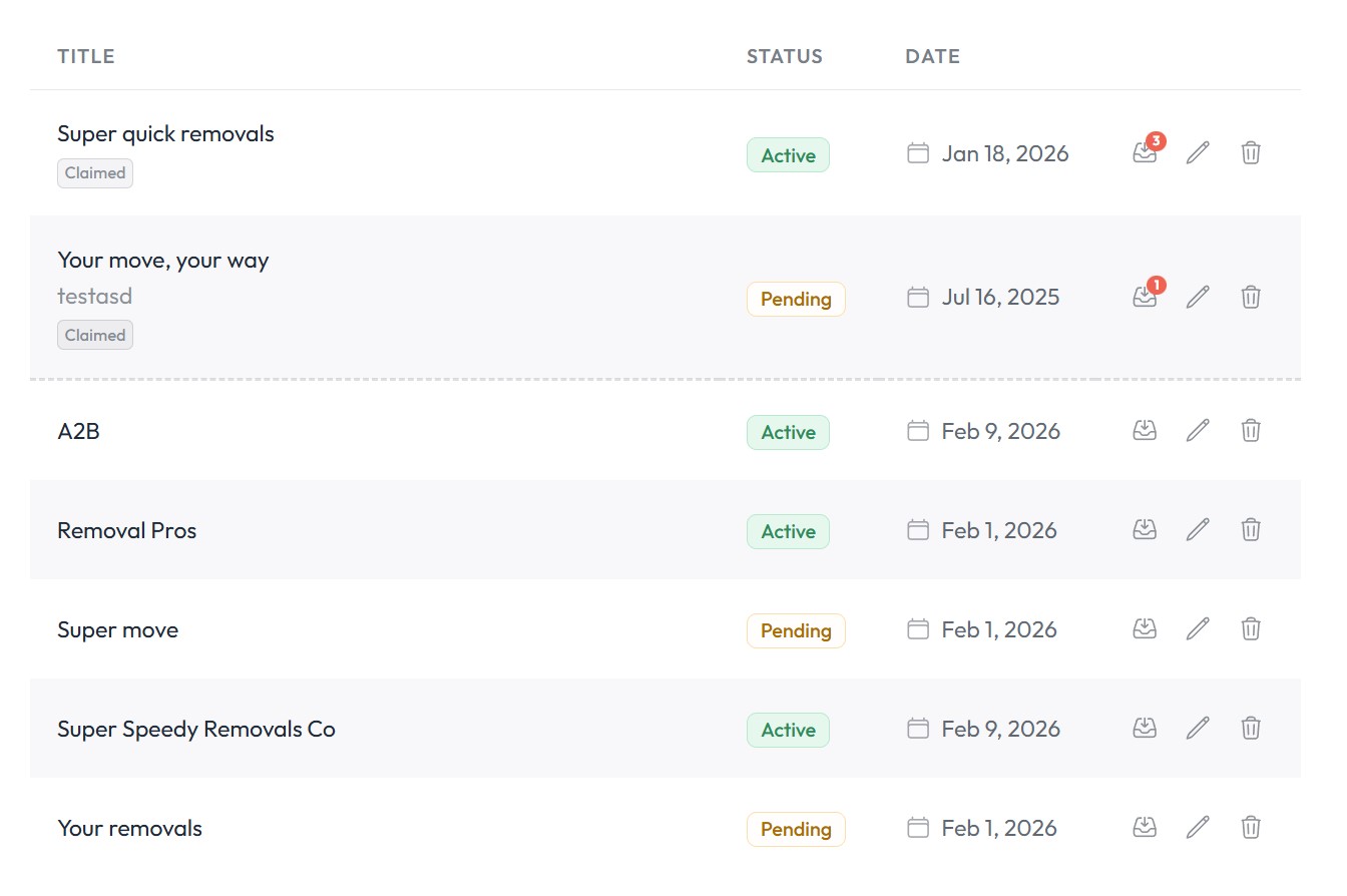 Screenshot showing the My Listings page with claimed listings and leads link