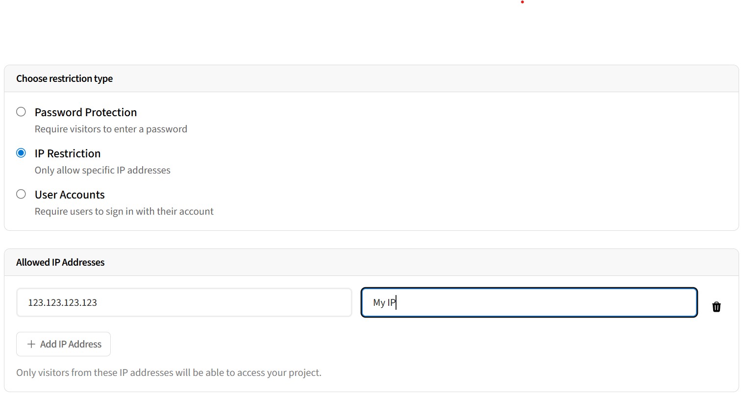Screenshot showing IP restriction authentication settings