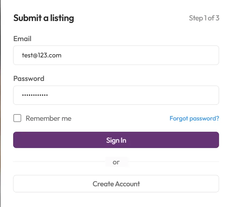 Screenshot showing the inline login or create account form