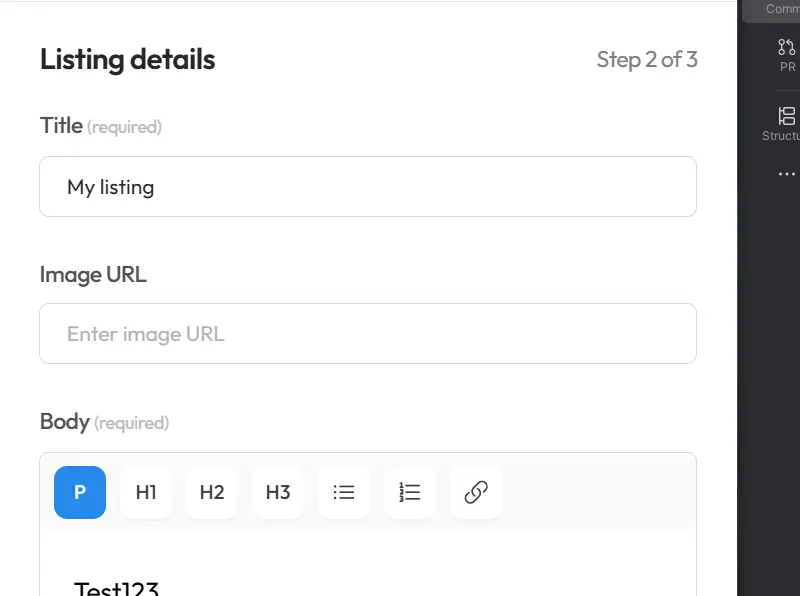 Screenshot showing the listing submission form