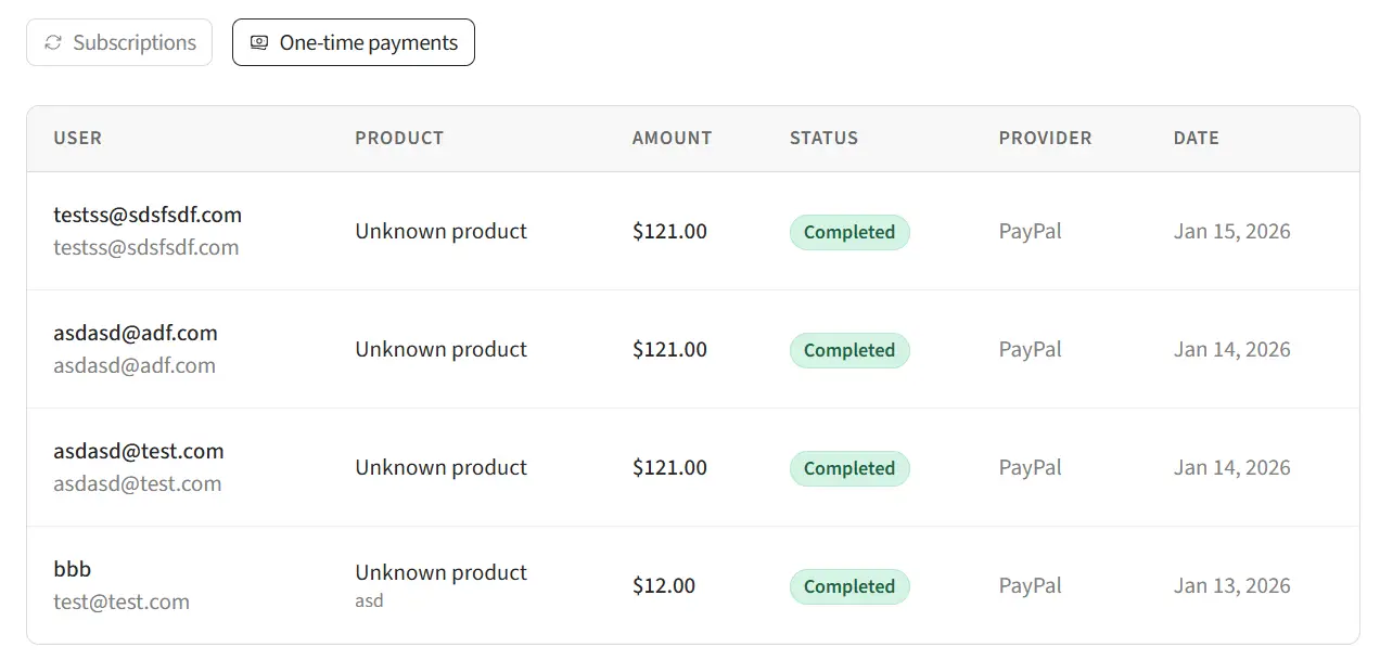 Screenshot showing the payments list with columns for user, product, amount, status, and date