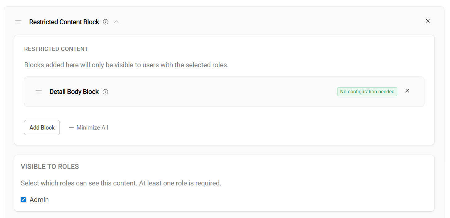 Screenshot showing the Restricted Content block in the block builder