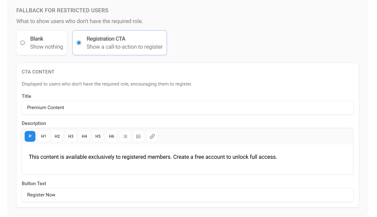 Screenshot showing the registration CTA fallback displayed to users without the required role