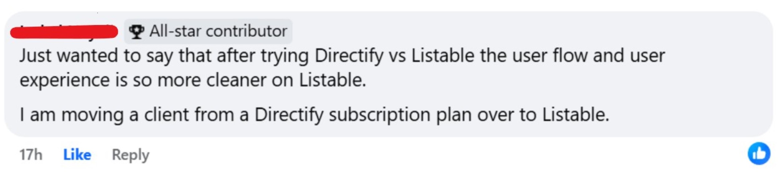 User feedback comparing Directify and Listable UX