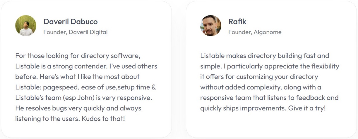 User feedback about Listable's ease of use and clean UX
